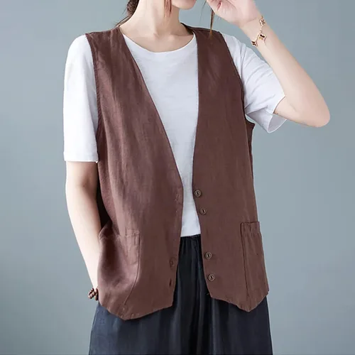Vista 20 de COTECRAM Chaleco de lino de algodón para mujer, casual, sin mangas, con botones, ligero, para verano, holgado, ropa de abrigo