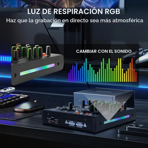 Vista 4 de Mezclador de audio de 6 canales, mezclador de DJ, luz de respiración RGB, 99 efectos DSP, interfaz de audio USB, Bluetooth fantasma de 48 V, alta
