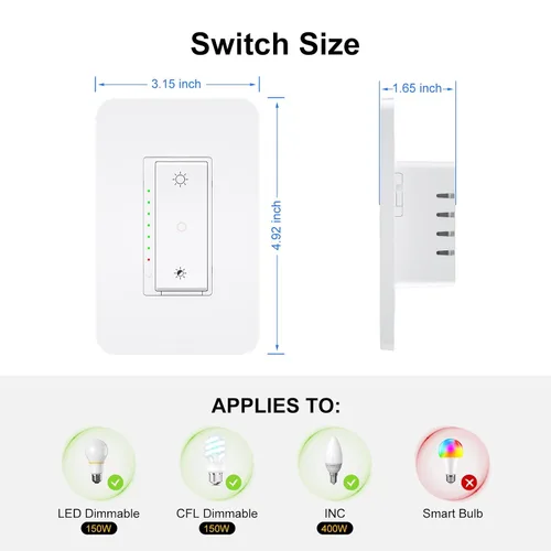 Vista 6 de Milfra Interruptor de atenuación inteligente, compatible con Alexa y Google Assistant, interruptor WiFi para luces LED, necesita cable neutro, Wi-Fi