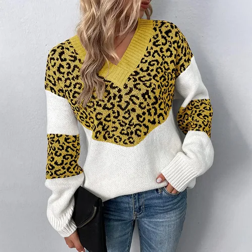 Vista 2 de Suéteres de punto para mujer, de color sólido, con estampado de leopardo, de manga larga, suéter de punto, Amarillo