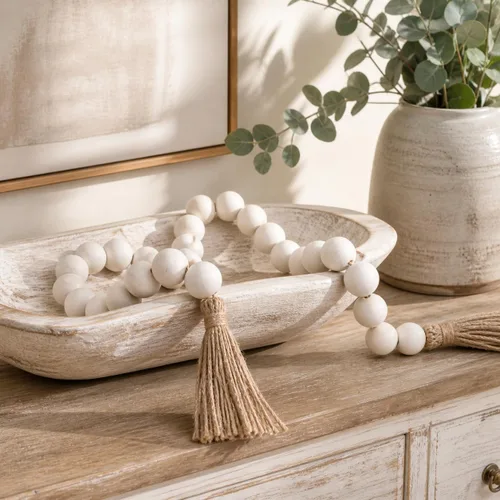 Vista 21 de OMISHE Guirnalda de cuentas de madera extra grande con cuentas de madera y borlas de 1.6 pulgadas de diámetro, cuentas decorativas rústicas de 41