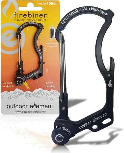 Vista 11 de OUTDOOR ELEMENT Firebiner Custom Engraved 6-in-1 Fire Starter Carabiner Multitool – Survival Gear EDC Keychain with Utility Blade, Bottle Opener