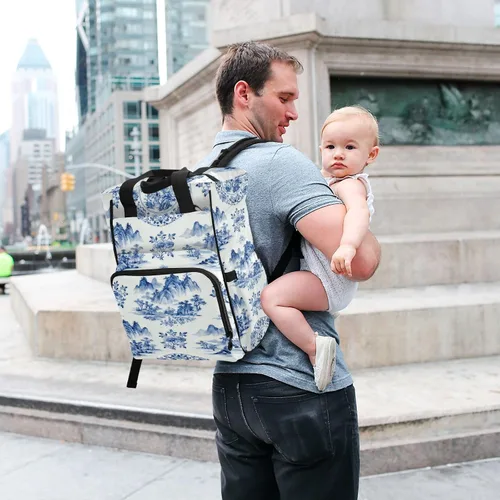 Vista 7 de Mochila para pañales azul y blanco, multifunción con bolsillos aislados para botellas, bolsa de bebé de viaje de nailon impermeable con correas