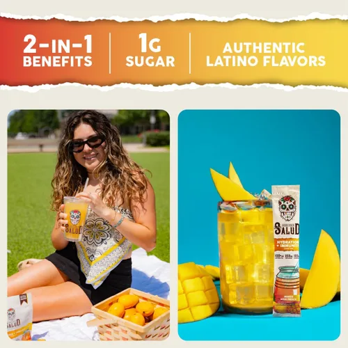 Vista 2 de Salud - Paquete de 2 Hidratación 2 en 1 + inmunidad (mango) e hidratación + inmunidad (hibisco) – 15 porciones cada una, mezcla de bebida Agua