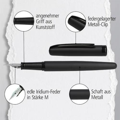 Vista 4 de Online Eleganza Fountain Pen, Metal, Pure Black Design, Nib Size M, Metal Clip, Includes Blue Ink Cartridge, Black Fountain Pen for Standard Ink