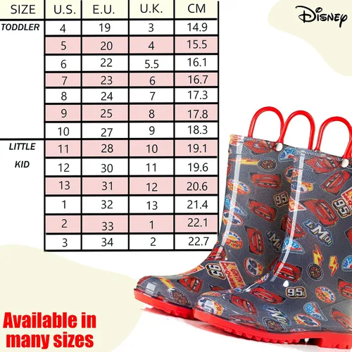 Vista 6 de Disney Cars Lightening McQueen - Botas de lluvia de PVC para niños, asas fáciles de poner, color negro para niños pequeños y pequeños