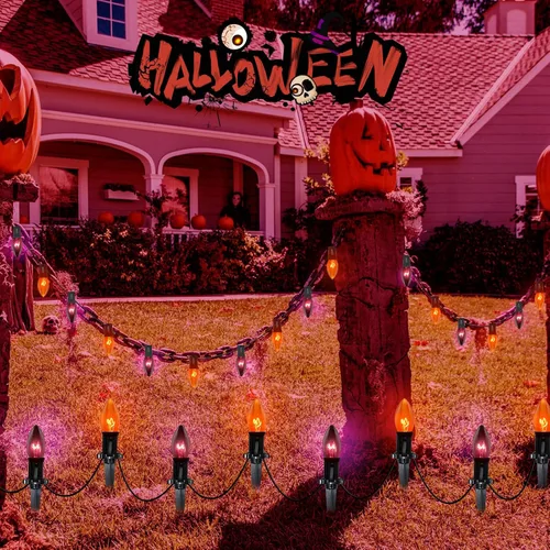 Vista 6 de Luces de camino de Halloween al aire libre, 19.5 pies de C9, luces de poste de Halloween con 10 bombillas C9 naranjas transparentes y negras, luces