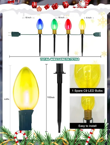 Vista 4 de C9 - Cuerdas de luces LED de Navidad, paquete de 2 cadenas de luces de camino de Navidad de 7 pies con 4 barras de inserción de bombillas LED