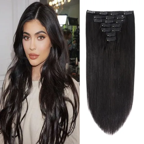 Vista 27 de Extensiones de cabello humano con clip de 14 pulgadas, 4.33 oz, 7 piezas, 16 clips, color marrón chocolate, doble trama, extensiones de cabello Remy