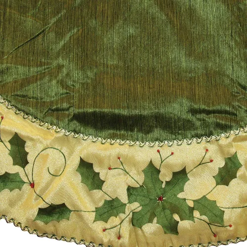 Vista 4 de Kurt Adler - Falda de árbol bordada con hojas de acebo verdes y doradas, 54 pulgadas