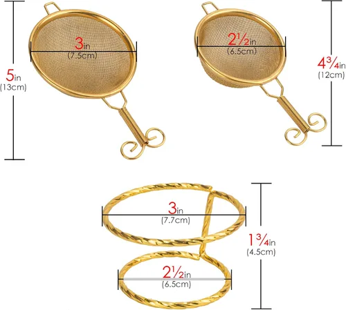 Vista 5 de 2 coladores de té, (colador de té pequeño, colador grande) con un soporte, colador de malla fina de acero inoxidable (dorado)