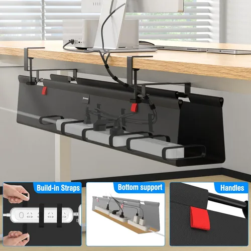 Vista 5 de Bandeja de gestión de cables para debajo del escritorio, bandeja de gestión de cables de 20 pulgadas con bucle para cables, gestión de cables