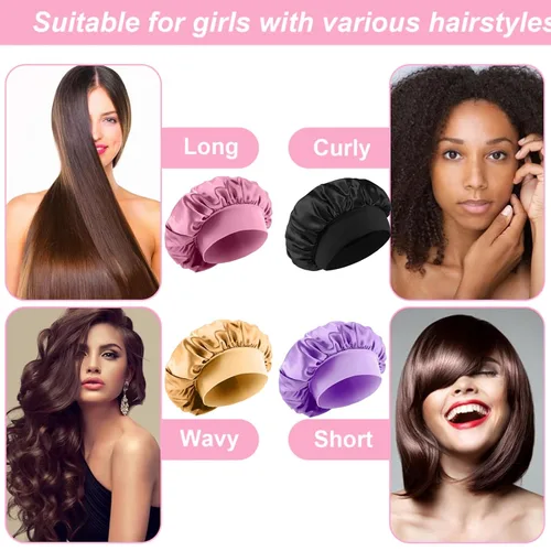 Vista 3 de 4 gorros de satén de seda para dormir, banda ancha elástica para mujeres y hombres, gorros de seda para cabello rizado para dormir