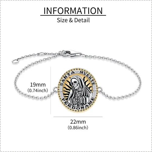 Vista 5 de YAFEINI Pulsera de plata de ley 925 con dije de muerte de Santa Muerte para mujer, Plata de ley Plata, Sin gemas.