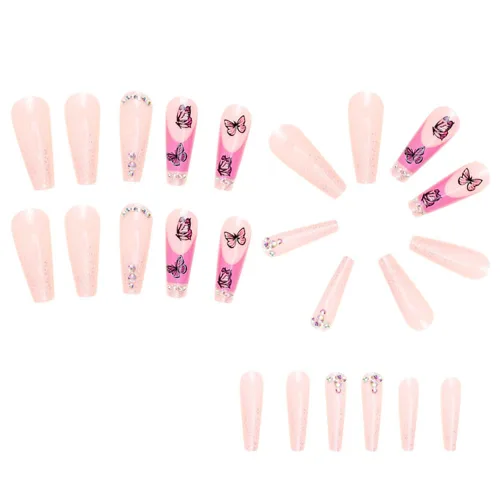 Vista 3 de 24 uñas acrílicas a presión, uñas postizas largas con diseños de mariposa rosa, diamantes de imitación, polvo de purpurina, punta francesa