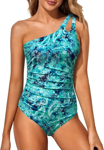 Vista 22 de Women's One Shoulder One Piece Tummy Control Swimsuit Full Coverage Diseño de ojo de cerradura, ajuste de cobertura completa, estilo modesto Negro