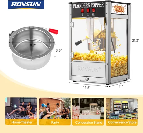 Vista 7 de Bonnlo Máquina de palomitas de maíz estilo cine con hervidor de 8 onzas que hace hasta 32 tazas, máquina de palomitas de maíz para encimera con Negro