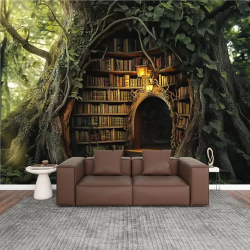 Vista 10 de Murales modernos para papel pintado 3D petrificado árbol arroyo ambiente antiguo oculto estantería abierta libro abierto despegar y pegar
