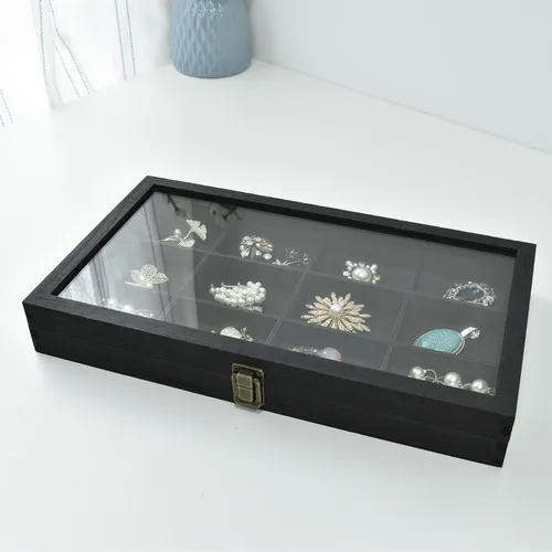 Vista 6 de Ikee Design Elegante caja de almacenamiento de joyas de madera con tapa de vidrio, 12 compartimentos, ideal para anillos, pulseras, piedras