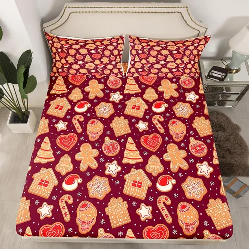 Vista 20 de Juego de sábanas con diseño de Papá Noel y muñeco de nieve para niños, niñas y niños, de temática navideña, juego de cama con diseño de árbol