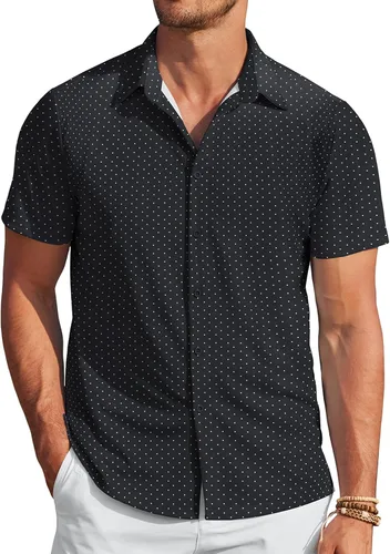 Vista 13 de COOFANDY - Camisas sin arrugas para hombre, casual, manga corta, con botones, de verano, elástica, de vestir