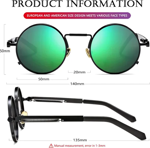 Vista 6 de AIEYEZO Gafas de sol redondas Steampunk Circle Lennon Gafas de sol góticas marco de metal 100% lente de bloqueo UV