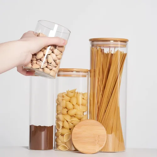 Vista 7 de SHOWIN Tarros de almacenamiento de pasta de vidrio de 73 onzas, tarros altos de vidrio con tapas de bambú, contenedor de espagueti, juego de 3