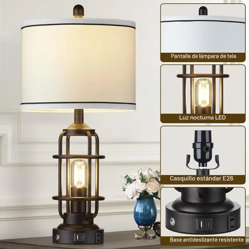 Vista 4 de Modern Table Lamps Set of 2, Industrial 3-Way Dimmable Bedside Lamp with USB A+C Ports & AC Outlet, 25" Touch Control Nightstand Lamp LED Night