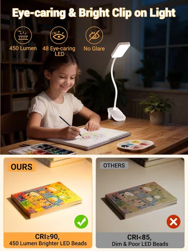 Vista 5 de Lámpara con Pinza, 9 Niveles de Brillo + 5 Colores Luz con Abrazadera, Lámpara de Escritorio Recargable con Batería de 4000mAh con Pinza, 450