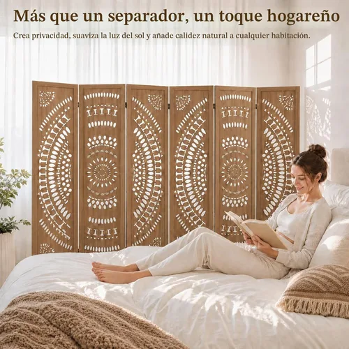 Vista 3 de Separador de pared de madera de 6 paneles de 6 pies, pantalla de división plegable, separador de pared independiente, decoración rústica bohemia