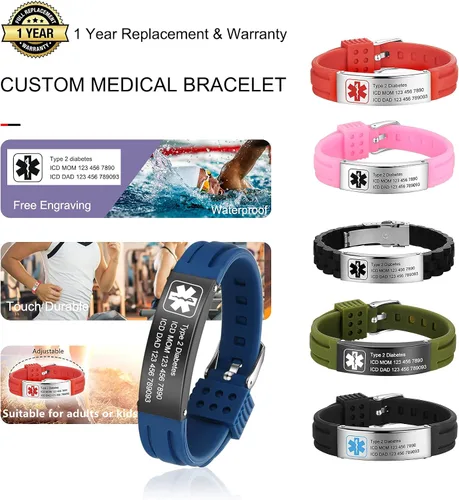 Vista 5 de Pulsera personalizada de silicona, pulsera médica deportiva de identificación de emergencia para hombres, mujeres y niños, grabado gratuito