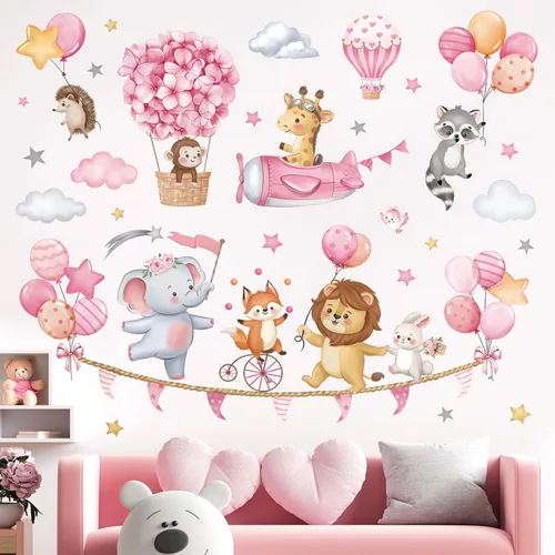 Vista 3 de Decalmile - Calcomanías de pared con diseño de elefante y globo de aire caliente, color rosa