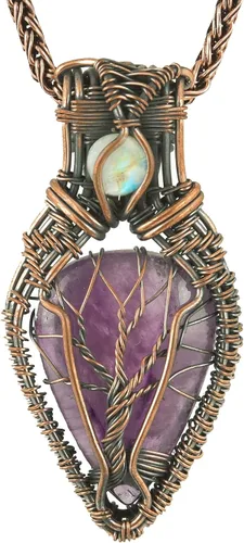 Vista 20 de Impresionante collar con colgante de árbol de la vida de cobre con piedras preciosas hechas a mano y cadena de 20 pulgadas, perfecto