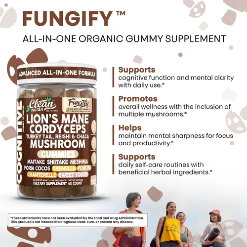 Vista 6 de Clean Nutra Lions Mane - Gomitas de hongos Cordyceps Suplemento para la memoria y la concentración Apoyo Inmunológico Vitaminas Reishi Chaga Pavo