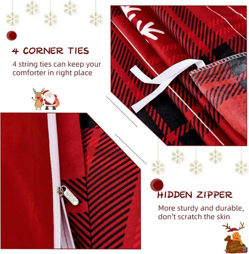Vista 5 de Luxudecor Juego de funda de edredón de Navidad tamaño individual, 2 piezas de funda de edredón a cuadros de búfalo rojo, patrón de Santa Claus, reno