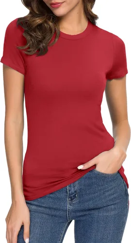 Vista 11 de Camiseta de mujer con cuello redondo, manga corta, ajustada, elástica, básica, de Urban CoCo Negro