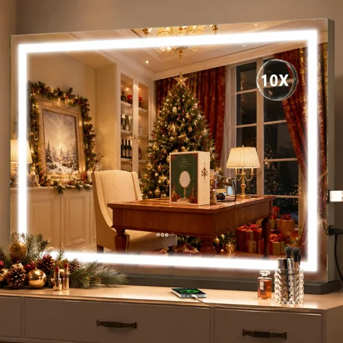 Vista 32 de Hasipu Espejo de tocador con luces, espejo LED de maquillaje de 31.5 x 22 pulgadas, espejo de maquillaje iluminado con 3 modos regulables, espejo