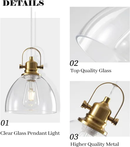 Vista 8 de Luces Colgantes de Vidrio para Isla de Cocina, 7.5 pulgadas Luces Colgantes de Vidrio Dorado 1-Paquete, Lámpara Colgante Moderna con Pantalla