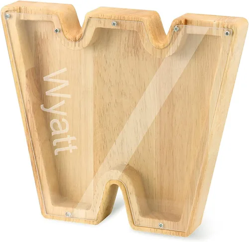 Vista 11 de Alcancía con nombre personalizado, 26 letras láser con texto personalizado, banco de monedas de madera, significado educativo, alcancía con nombre