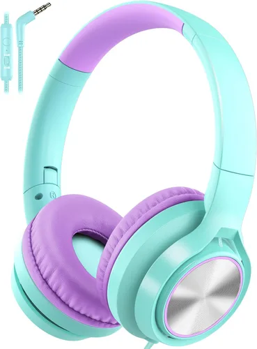 Vista 14 de Voopwink Auriculares para niños con micrófono, auriculares con cable sobre la oreja con volumen limitado de 85 dB/ 94 dB para niños, niñas Negro-Azul