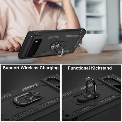 Vista 5 de IKAZZ Funda adecuada para Google Pixel 6, grado militar, a prueba de golpes, resistente, para pasar la prueba de caída de 16 pies con soporte Negro