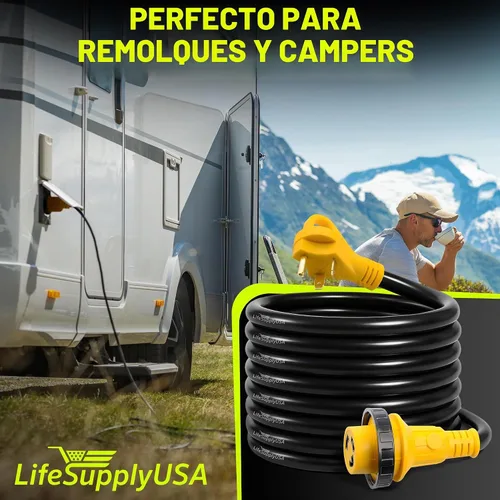 Vista 7 de Cable de extensión RV de 15 pies de 30 amperios (TT-30P/L5-30R) con conector de bloqueo giratorio y mango de fácil agarre, 10/3 AWG 125 voltios