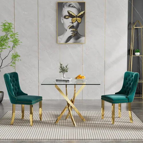 Vista 54 de Juego de mesa de comedor SSLine moderno de 3 piezas con mesa redonda de vidrio para 2, lujosa mesa de comedor circular de 36" con tapa de vidrio