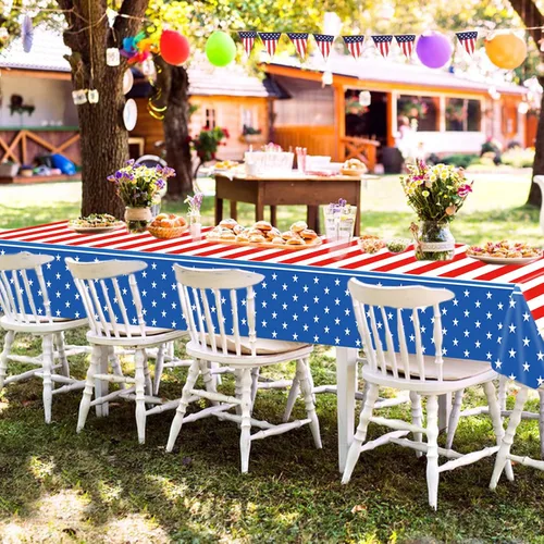 Vista 3 de 2 manteles de 4 de julio, manteles de bandera estadounidense, suministros para fiesta patriótica, para el Día de los Veteranos, Día de la Bandera