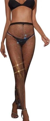 Vista 2 de Pantalones sexys de malla con diamantes de imitación de cristal para mujer, leggings de malla calada, para fiesta, rave, festival, club, salida