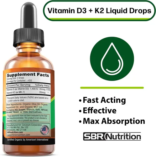 Vista 2 de SBR Nutrition Máxima absorción, vitamina D3 + K2 (MK-7) gotas líquidas con aceite MCT, sabor a menta, ayuda a apoyar huesos fuertes y corazón