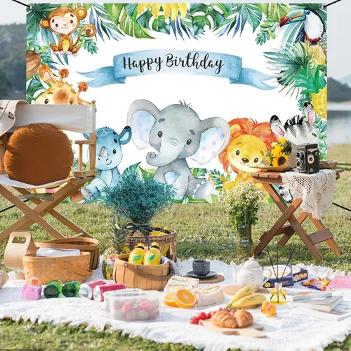Vista 8 de Renaiss Cartel de feliz cumpleaños de 6 x 3.6 pies, decoración de fiesta infantil de animales salvajes de safari, selva tropical, decoración