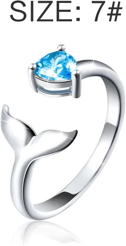 Vista 5 de S925 Sterling Sliver Dolphin Mermaid Tail Ring Love Heart Blue Cubic Zirconia Open Ring,7#
