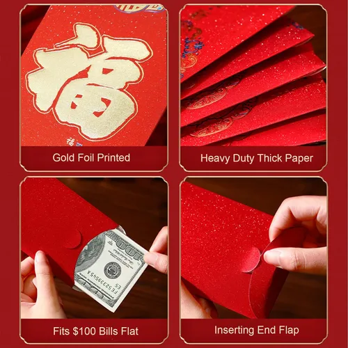 Vista 4 de Sobres rojos resistentes para Año Nuevo chino, sobres de dinero de la suerte, sobres de dinero de regalo, paquetes rojos Hong Bao para festival