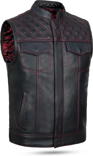 Vista 9 de Leatherick Mens Black Motorcycle Vests - Top Grain Cow Leather SOA Club & Traditional Paisley Satin Liner Leather Biker Vests